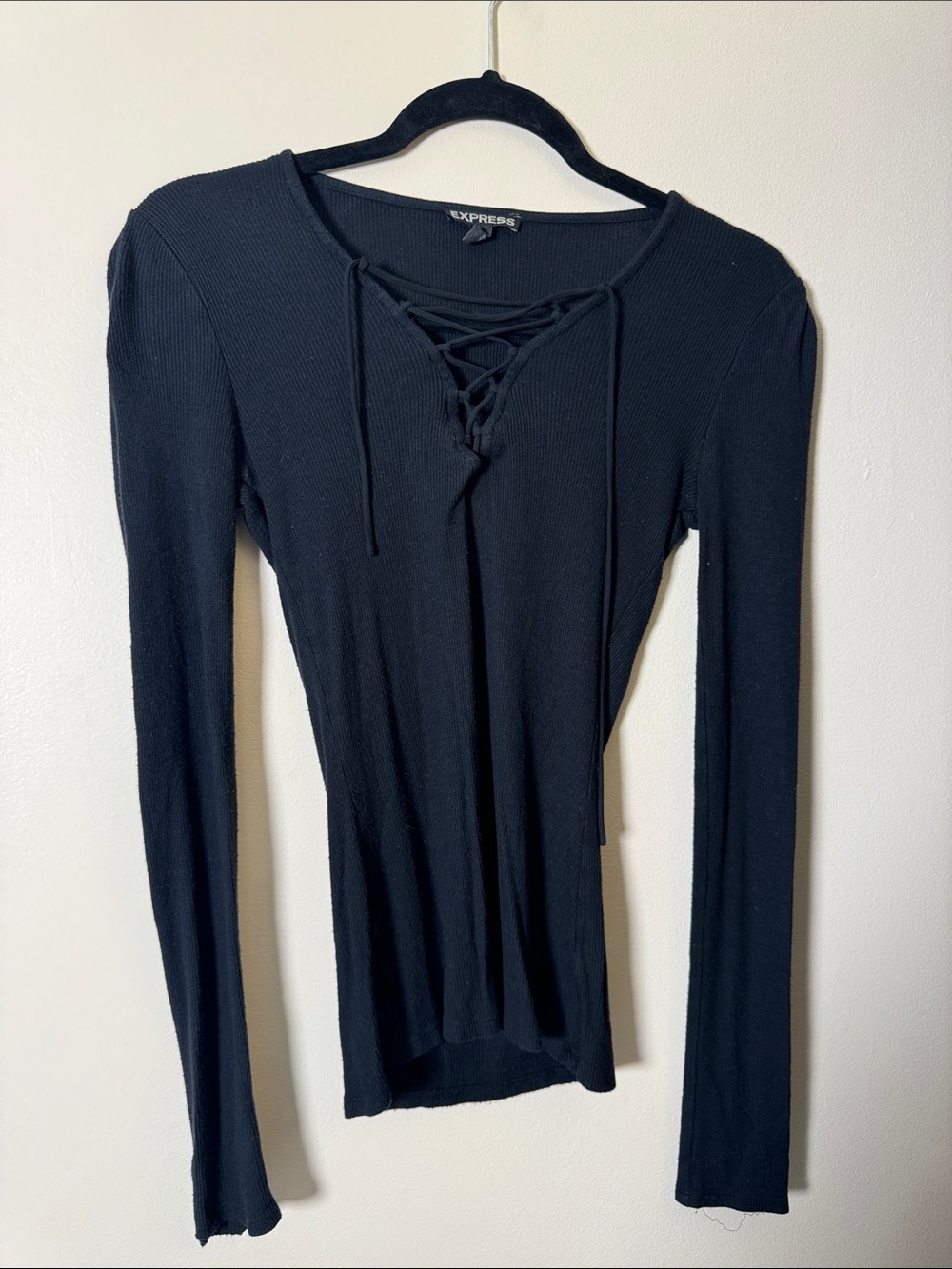 Express Black Lace-Up Ribbed Long Sleeve Top